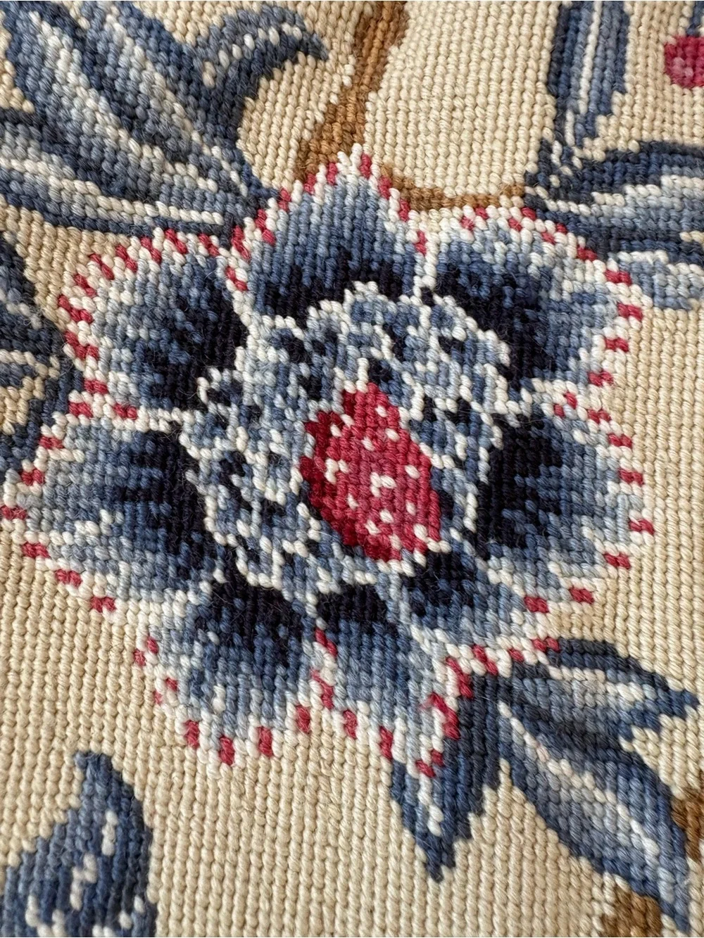 Williamsburg Tan Blue Pink Wool Floral Needlepoint Velvet Back Pillow 14*14 Boho